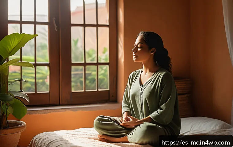 진행 시각화의 심리적 효과 분석 - A serene morning scene in a cozy, softly lit bedroom with a young Hispanic woman sitting cross-legge...
