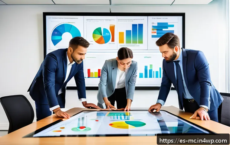 진행 시각화의 데이터 시각화 기법 - A modern office scene showing a diverse team of professionals collaborating around a large digital t...