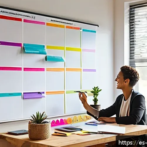 Home 17 진행 시각화로 생산성 향상하기 - A bright and modern home office scene featuring a person marking progress on a large whiteboard cale...