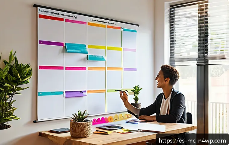 진행 시각화로 생산성 향상하기 - A bright and modern home office scene featuring a person marking progress on a large whiteboard cale...